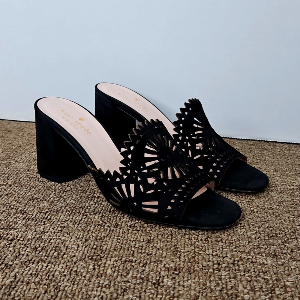 Kate Spade Delgado Black Suede Laser Cut Slip On Block Heel Sandal Sz 7